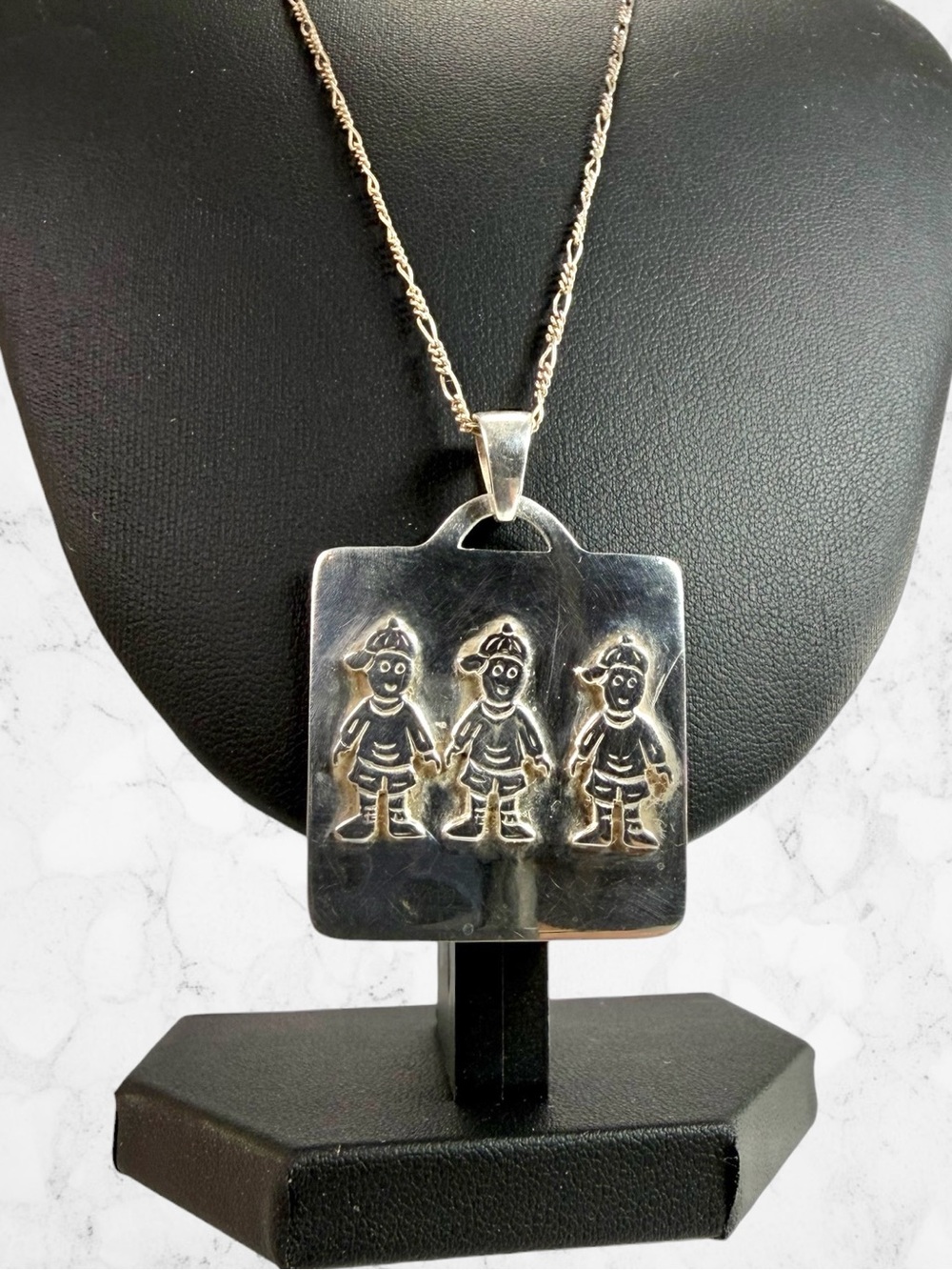Vintage Sterling Silver 925 Square Pendant Necklace Children Boys Ball Cap 16”
